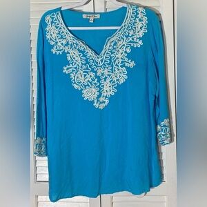 Jennifer & Grace Blue 3/4 Sleeve Tunic, Size L, White Embroidery